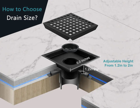 Sleek Six Inch Square Shower Drain Kit In Matte Black 304 Stainless Steel showing adjustable height and drain size features.