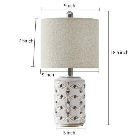 Farmhouse Ceramic Table Lamp Set Of 2 18.5 Inch Open Diamond Motif With Drum Linen Shade Cozy Warm Ambient Light For Living Room