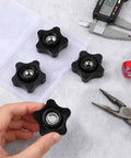 Top Shelf Star Knobs 5/16-18 Female Thread Thumb Screws With Kickass Grip Heavy Duty Clamping Nuts Smooth Threaded Knobs For T Track Bolts Shop Jigs And DIY Builds 4 Pack in hand and open case.