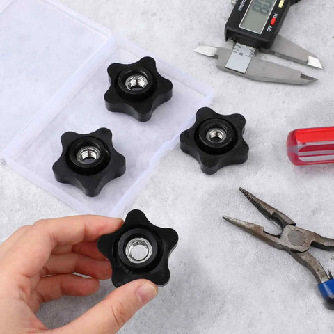 Top Shelf Star Knobs 5/16-18 Female Thread Thumb Screws With Kickass Grip Heavy Duty Clamping Nuts Smooth Threaded Knobs For T Track Bolts Shop Jigs And DIY Builds 4 Pack in hand and open case.