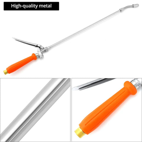 Beefy All Metal Replacement Sprayer Wand Kit 29 Inch With Adjustable Nozzle Brass Barbs and orange handle, closeup detail
