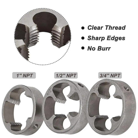 PVC Pipe Threader Kit For Quick No Fuss Threading Six Piece Tool Set With 1/2 Inch 3/4 Inch And 1 Inch NPT Die Sets