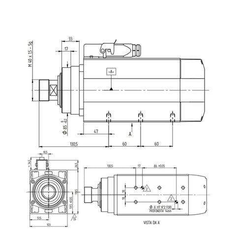 Technical drawing of Beefy 4.5Kw CNC Spindle Motor 380V Water Cooled Square Mount ER32 Chuck 18000RPM 9.7A High Speed