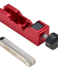 Red Universal Spark Plug Gap Tool with 32 steel feeler blades for precise gap settings on 10mm 12mm 14mm and 16mm spark plugs.