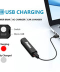 Pocket Size Mini LED Flashlight 3 Pack, Rechargeable EDC Torch With Four Modes shown charging via USB from laptop