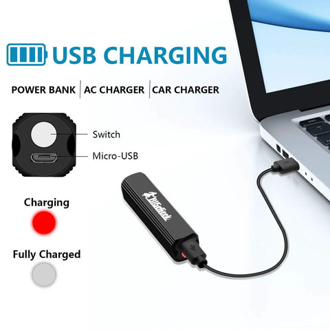 Pocket Size Mini LED Flashlight 3 Pack, Rechargeable EDC Torch With Four Modes shown charging via USB from laptop