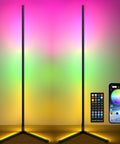 2 Pack Smart RGB Corner Floor Lamp 62.2 Inch Tall With App And Remote, Music Sync And Timer, glowing in a room with app and remote visible.