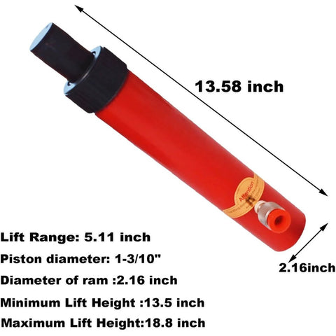 Close-up of a red ram component from Beastly 10 Ton Hydraulic Porta Power Lift Kit With Ram Heavy Duty Floor Jack Pump For Car Auto Body Frame Repair Truck Farm Equipment And More 22000 Lbs Capacity Lift From 130mm To 477mm Red, showing dimensions.