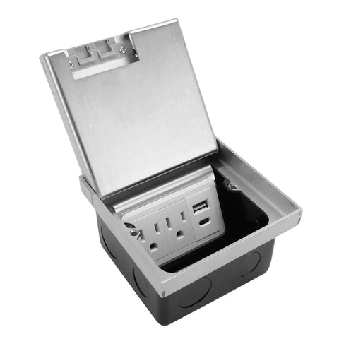 Slick Recessed Floor Outlet With Dual Usb A And C Ports Heavy Duty Flush Mount Electrical Receptacle Box Kit open for wiring access.