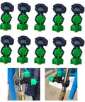 Pro Grade 10 Pack Tractor Sprayer Nozzles For 21 22mm Steel Pipes Ideal Farm Sprayer Kit With 9 8mm Orifice Delivers Fine Droplets For Precise Field Crop Spraying Green Heavy Duty Boom Sprayer Accessory Set displayed in grid with close-up views on installation