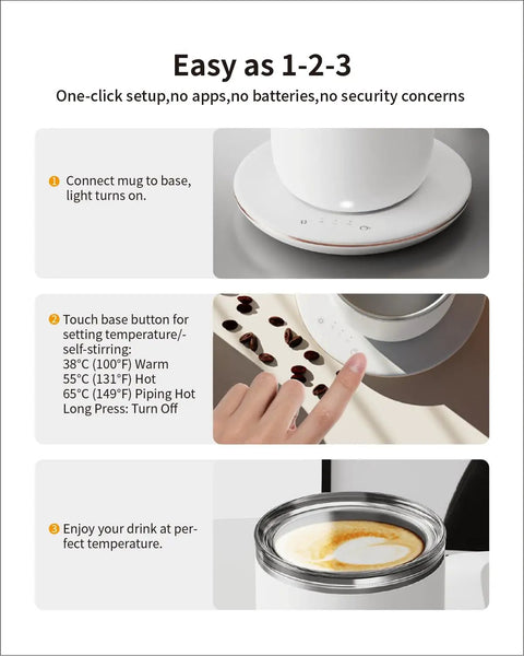 Self Heating Coffee Mug With Smart Temperature Control And Self Stirring Keeps Your Morning Coffee Legit Hot And Buttery Smooth All Day Long Rechargeable Beverage Warmer For The Daily Grind setup instructions on a white background.