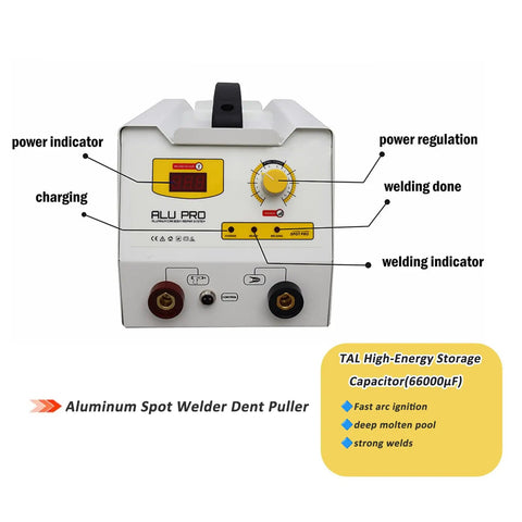 Front view of 220V power unit for Spot Weld Dent Puller for Aluminum Auto Bodies with Pro Workbench setup.