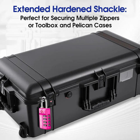 TSA Approved 4 Digit Luggage Lock With Resettable Combination And Red Dot Open Alert For Instant Status Check Owner Only Reset Easy Read Black And White Dials Hardened Shackle Zinc Alloy Pink 1 Pack on a black toolbox
