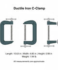 Heavy Duty Green Ductile Iron C Clamp For Secure Workholding And Tight Gluing Tasks With Smooth Screw Mechanism, 10.63 in length.