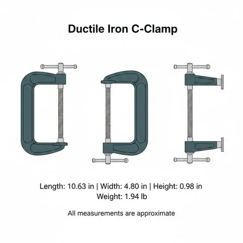 Heavy Duty Green Ductile Iron C Clamp For Secure Workholding And Tight Gluing Tasks With Smooth Screw Mechanism, 10.63 in length.