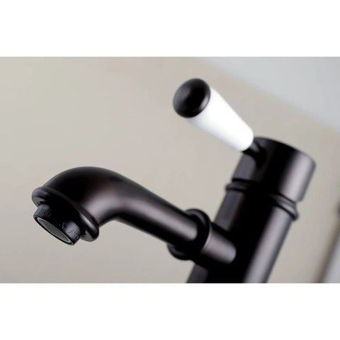 Single Handle Vessel Sink Faucet in Brushed Nickel, Deck Mount, Drip Free Ceramic Disc, Brass Zinc Alloy Build, close-up view