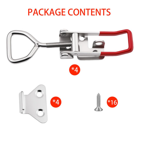 Beefy 304 Stainless Steel Toggle Latch Clamps Set Of Four with Lock Holes, screws, and mounting brackets shown