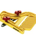 Yellow featherboard for router tables and saws with red knobs, showing dual sliding action and tension control.