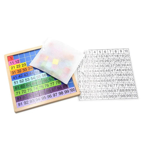 Wooden Math Learning Board Toy For Kids, Montessori 1 to 100 Hundred Chart with colored chips and storage bag on display