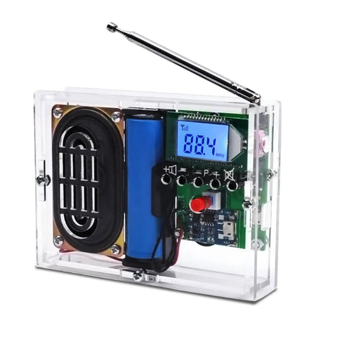 DIY FM Radio Kit 76 108 MHz With LCD Display Digital Radio Module showing internal components and LCD screen with station frequency.