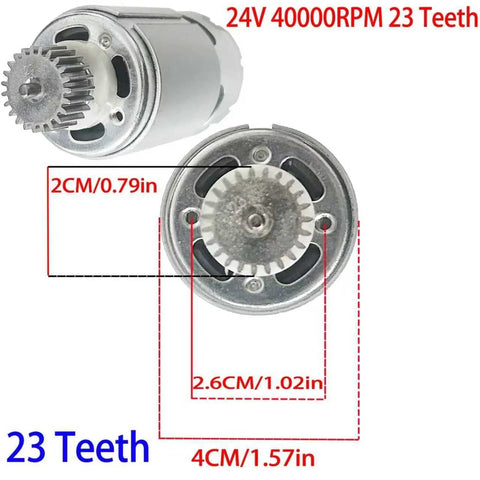 Boost Your Ride On With A 24V RS555 Motor Upgrade, 40000RPM, 23T Pinion showing detailed dimensions and gearing.