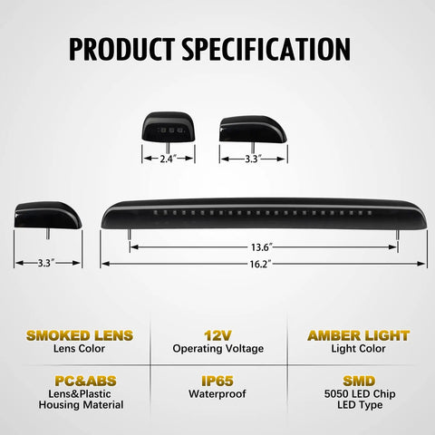 Product specification for Smoked Lens Amber Cab Marker Lights 3 Pack for Silverado and Sierra 1500 2500 3500 2015 to 2019