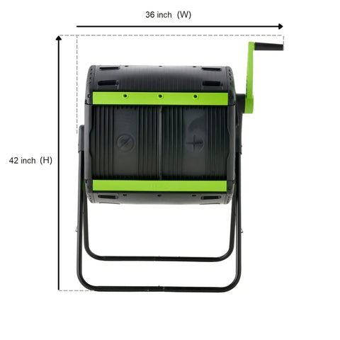 Front view of 48 Gallon Geared Two Compartment Compost Tumbler Black Plastic Easy Turn Dual Chamber Backyard Compost Bin.