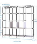 Dimensions of the Portable Wardrobe Organizer with six roomy shelves, four hanging sections, grey garment closet system for clothes storage.