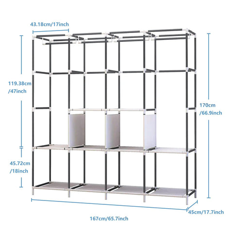 Dimensions of the Portable Wardrobe Organizer with six roomy shelves, four hanging sections, grey garment closet system for clothes storage.