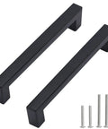 Matte Black Stainless Steel Cabinet Pulls 5 Inch Hole Centers 128mm Square Drawer Handles 10 Pack 140mm Total Length 12mm Width 35mm Height Perfect Kitchen Cupboard And Door Cabinet Hardware, showing two pulls with mounting screws