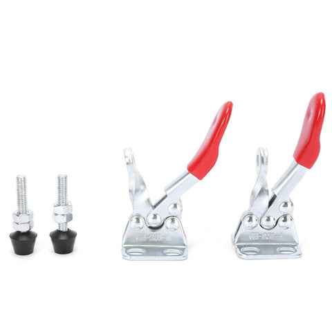 Heavy Duty Toggle Clamp 2 Pack Hold Down Fixture With Quick Clamping Tool For Welding Electronics And Equipment Installation 30 Kg Holding Capacity Sturdy Iron And Plastic Construction Ergonomic Handle, shown front view with red handles