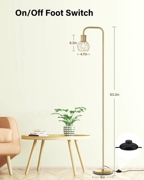 Brass Gold Standing Floor Lamp With 6W LED Bulb Foot Switch next to chair and table in living room setting.