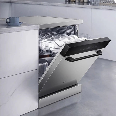 Sleek Compact Countertop Dishwasher Featuring Fully Automatic Smart Controls And Hot Air Drying, with dishes loaded inside.