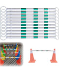 Set of ten green and white adjustable safety barriers, part of Straight Up Reliable Collapsible Traffic Cones Set, for easy use.