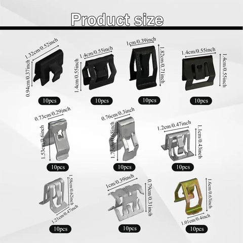 100 Pcs 10 Sizes Auto Car U Clip Metal Trim Panel Spring Clips Moulding Clip Kit Replacement sizes and types shown in grid layout.