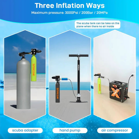 0.5L Portable Scuba Tank For Freediving And Snorkeling with inflation methods: scuba adapter, hand pump, air compressor.