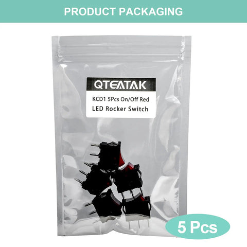 Packaging of Red LED Boat Rocker Toggle Switch 12 to 24V SPST On Off 3 Pin 2 Position Snap Action 20A Built For Marine Boats Cars Treadmills Audio Gear Power 5 Pack