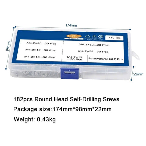 182Pcs Cross Flat Head Self Drilling Tapping Screws Kit M4.2 Washer Bolts 410 Stainless Steel in labeled case