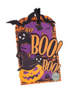 Halloween-themed tag with 'BOO!' letters, pumpkins, and ghosts, made using Stitched Pocket Tag Die Cut Set Of 3 For Card Making.