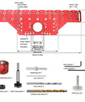 Diagram of No Fuss 2 In 1 Shelf Pin And Hinge Jig With 35mm Hole Drill Bits, All Metal Self Contained Cabinet Hardware Tool in red with components