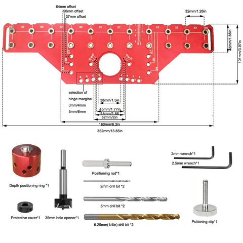 Diagram of No Fuss 2 In 1 Shelf Pin And Hinge Jig With 35mm Hole Drill Bits, All Metal Self Contained Cabinet Hardware Tool in red with components