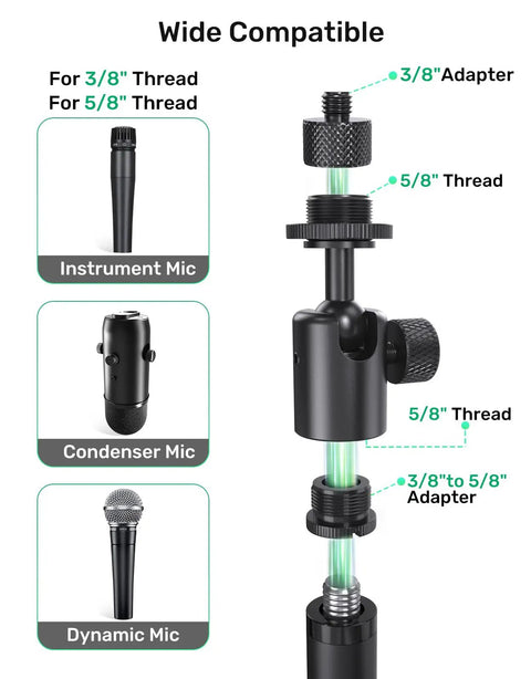 Adjustable Ball And Socket Mic Adapter With 360 Degree Pan And 90 Degree Tilt All Metal Pro Grade Gear For 5/8 And 3/8 Inch Threaded Mounts Lightweight Secure Locking Swivel Mic Stand For Streaming Cameras And Mics, 3/8 to 5/8 thread adapter for condenser, dynamic and instrument mics