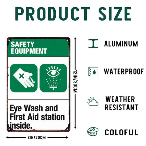Retro Safety Equipment Metal Sign 8x12 Inch Eye Wash First Aid Wall Decor For Home Garage Office Perfect For Kitchen Workshop Bar And Man Cave Spaces With Bold Metal Finish, 8x12 aluminum sign