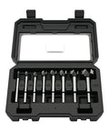 Eight Piece Heavy Duty Hex Shank Forstner Bit Set Built From Heat Treated Steel For Smooth As Butter Drilling In Hardwood Softwood Plywood And Plastic Zero Hassle Guaranteed in black case with bits organized by size.