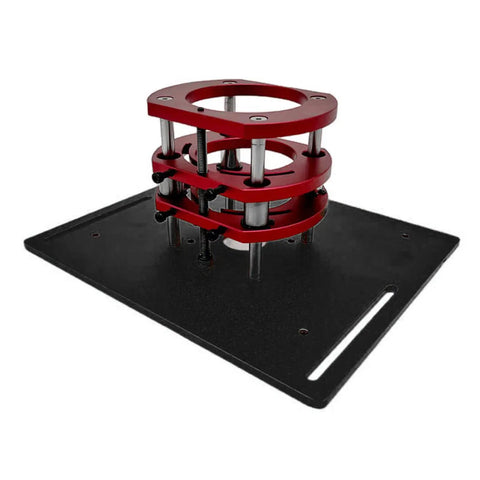 No Sweat Universal Router Table Insert Plate Adjustable Mounting Combo Kit with red mounting rings on an aluminum board