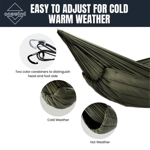 Ultralight Camping Hammock Underquilt With Sorona Insulation For Winter Camping Hiking And Backpacking in OD Green with carabiners