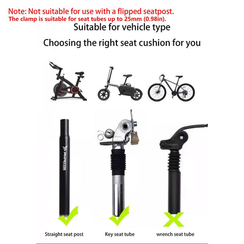 Image showing different bike types and seatposts for Noseless Bike Seat Cushion With Memory Foam And Ventilation For All Day Comfort.