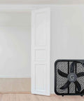 20 Inch High Velocity Box Fan With 3 Speed Settings, Copper Motor, Lightweight Black Fan in Minimalist Room