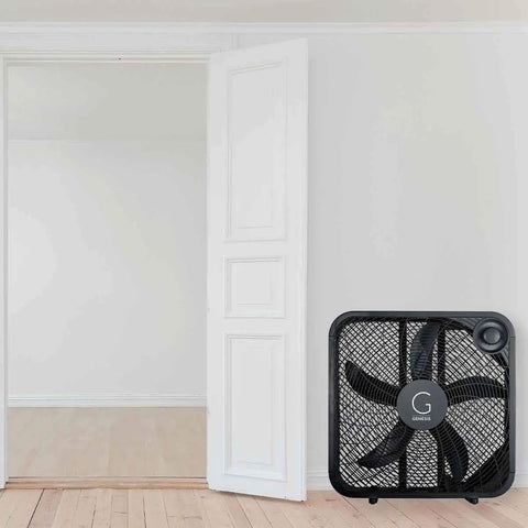 20 Inch High Velocity Box Fan With 3 Speed Settings, Copper Motor, Lightweight Black Fan in Minimalist Room