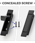 Matte Black Flush Mount Pocket Door Pull Handle With Edge Pull For Sliding Doors Self Retracting Mechanism Fits Doors Up To 0.69 Inches Thick Durable Rust Resistant Hardware Ideal For Residential And Commercial Use showing concealed screw design.